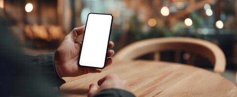 The smartphone held in a person's hand at a stylish caf setting. photo