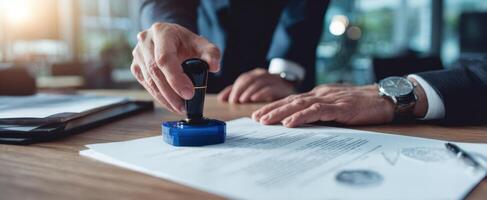 The businessman applying a seal to important legal documents on his desk. photo