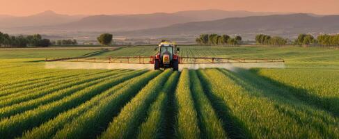 The tractor spraying pesticides across lush green fields at sunset photo