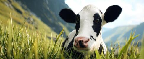 The charming cow resting peacefully in a vibrant green pasture under a blue sky. photo