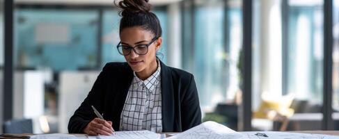 The woman sketching architectural plans in a modern office space. photo