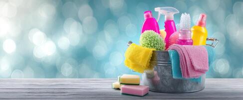 The colorful cleaning supplies arranged in a stylish bucket against a shimmering background. photo