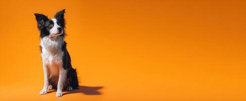 The border collie sitting gracefully against a vibrant orange backdrop. photo