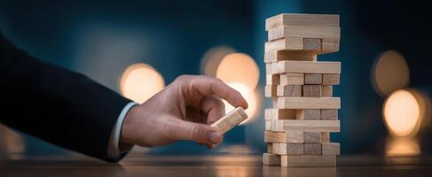 The hand carefully removes a block from a Jenga tower during gameplay. photo