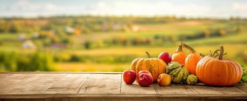 Autumn harvest table with pumpkins and other vegetables on a table in the countryside photo