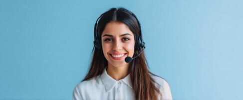 The smiling call center woman with headset against a blue background photo