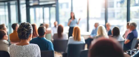 The engaged audience listening to a speaker during a professional seminar. photo