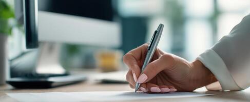 The elegant hand writing with a pen in a modern office space. photo