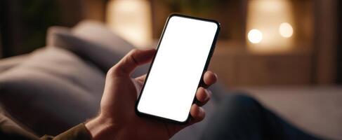 The smartphone held in hand in a cozy, relaxed living space at night. photo