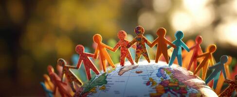 The colorful paper figures representing unity around the globe. photo
