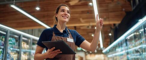 The smiling grocery store employee presenting innovative ideas with a tablet. photo
