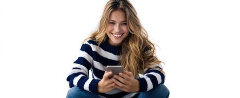 The smiling woman enjoying her smartphone in a cozy casual setting. photo