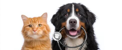 The friendly dog and cat with a stethoscope in a playful pose. photo