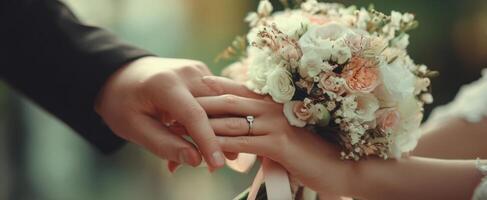 The Hands Holding Wedding Bouquet with Love and Commitment photo
