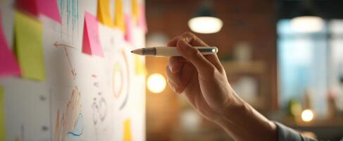 The hand illustrating ideas on a whiteboard during collaborative brainstorming session. photo