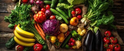 A variety of fresh vegetables and fruits are arranged on a wooden table photo