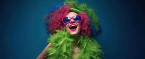 The vibrant and joyful girl with colorful hair and oversized sunglasses. photo