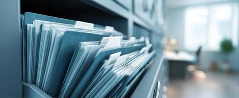 The organized filing system in a modern office space with paperwork and folders. photo