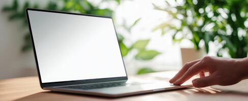 The modern laptop on a minimalist wooden desk with greenery. photo