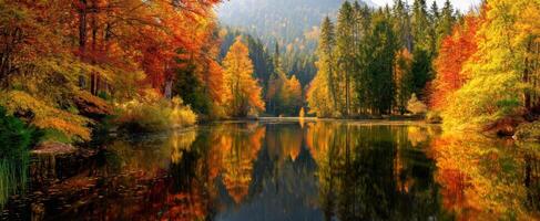 The serene autumn landscape reflecting vibrant colors by the peaceful lake photo