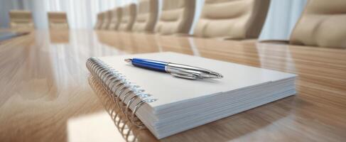 The notebook and pen on a polished conference table set for meetings photo