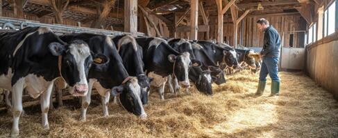 The farmer feeding cows in a sunny barn environment. photo