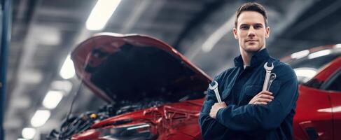 The confident mechanic standing proudly with tools in a garage setting. photo
