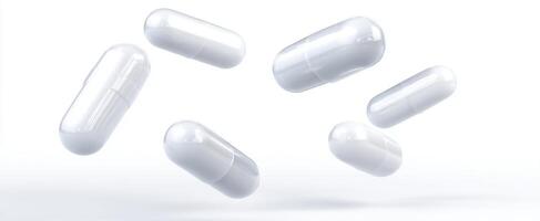 The floating white capsules representing health and wellness in modern medicine photo
