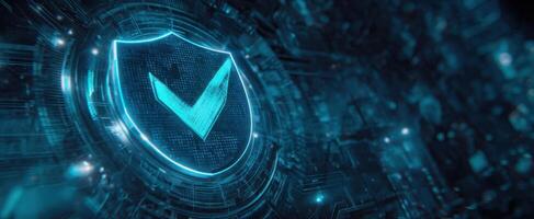 The Futuristic Shield Symbol Representing Digital Security and Protection in Technology photo