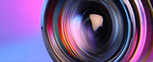 The intricate design of a camera lens with vibrant colors and reflections. photo