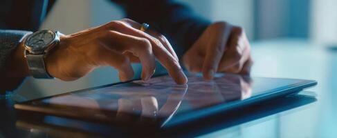 The hands of a professional interacting with a tablet in a modern workspace. photo