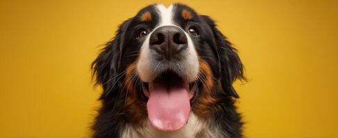 The Bernese Mountain Dog Smiling Joyfully Against a Bright Yellow Background photo