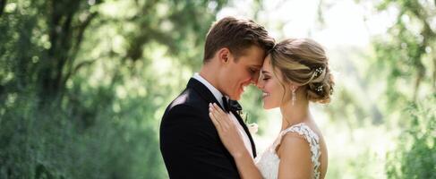 The romantic couple embraces in a beautiful outdoor wedding setting. photo