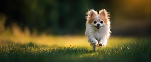 The joyful chihuahua running through the vibrant green grass in the sunlight. photo