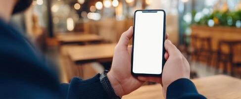 The smartphone held in hands ready for interaction in a cozy cafe setting. photo