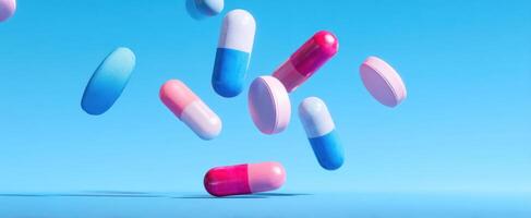 The colorful capsules floating against a bright blue background. photo
