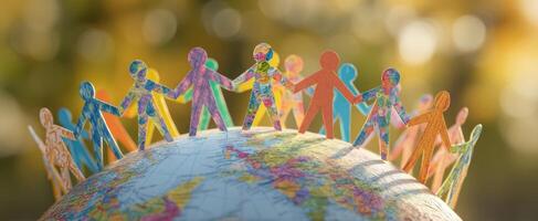The colorful paper people united around the globe symbolizing worldwide cooperation. photo