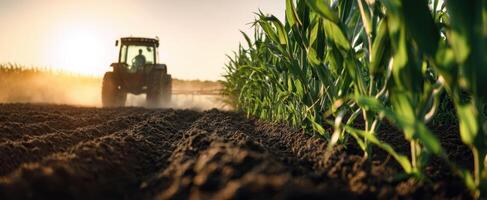 The tractor plowing a cornfield during a beautiful sunset. photo