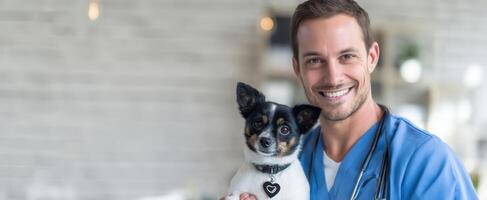 The veterinarian smiling with a dog in a modern veterinary clinic photo