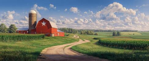 The classic red barn surrounded by lush green fields and a winding dirt road. photo