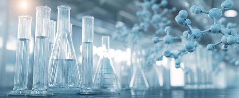 The laboratory glassware with molecular structures showcasing scientific research. photo