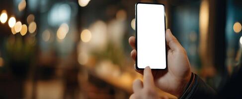 The smartphone held in hand with a blank screen in a cozy setting. photo