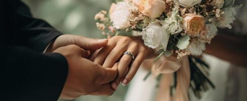 The couple holding hands with beautiful bouquet during a wedding ceremony. photo