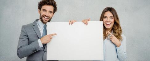 The couple showcasing a blank sign for creative business presentation photo