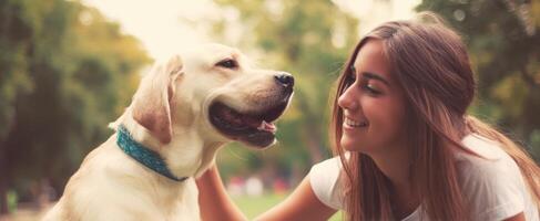 The joyful moment between a girl and her golden retriever in a park photo