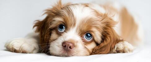 The charming Cavalier King Charles Spaniel puppy resting peacefully on a soft white surface. photo