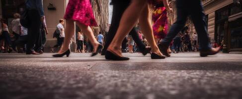 The bustling city streets filled with diverse individuals in motion. photo