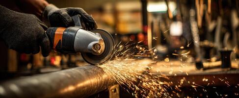 The grinder creating sparks during metalworking in a busy workshop environment. photo