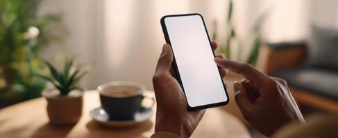 The smartphone held in hands with a blank screen and a coffee cup nearby. photo