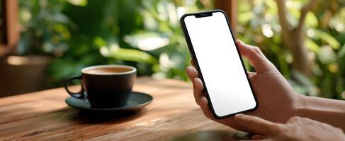 The smartphone held in hand next to a steaming cup of coffee photo